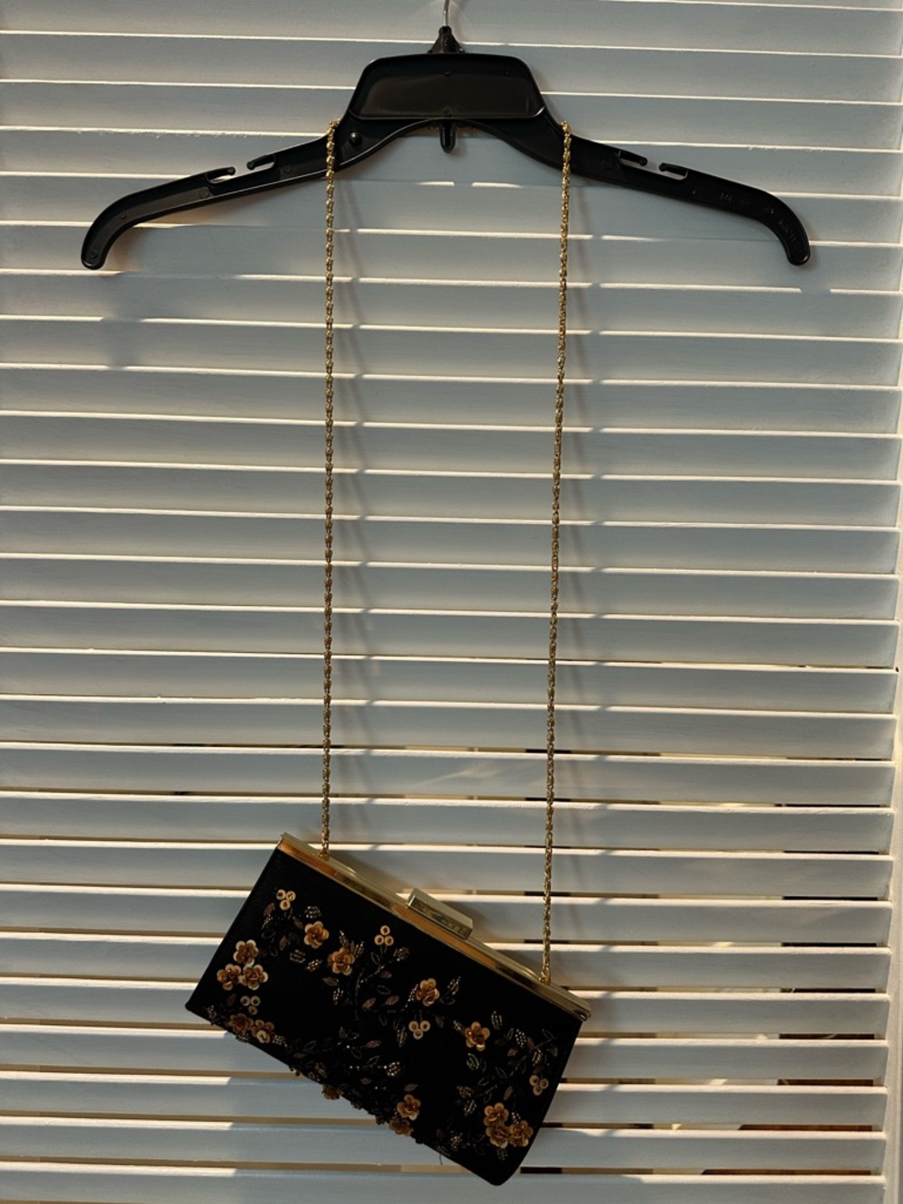 Valerie Stevens Black Floral Embellished Clutch with Gold Chain